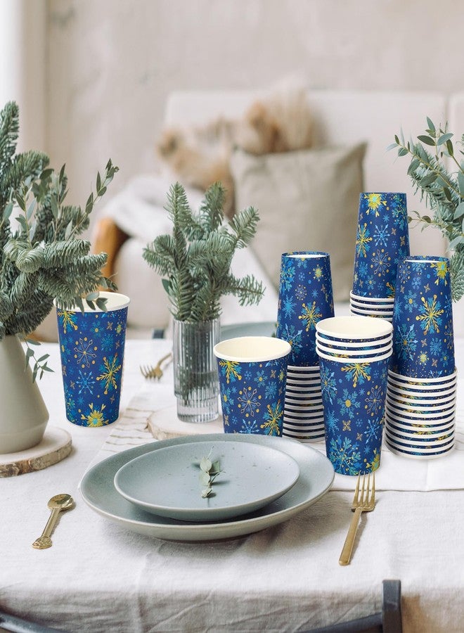 JarThenaAMCS مجموعة أكواب ورقية شتوية من JarThenaAMCS، 50 قطعة، بتصميم ندفة ثلجية زرقاء وذهبية، للاستخدام مرة واحدة، مثالية للمشروبات الباردة والساخنة في عيد الميلاد، وحفلات الزفاف، وتزيين طاولات الحفلات، سعة 9 أونصة. - Image 4